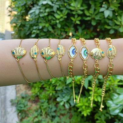 China Fashionable Shell Shaped Zircon Devil's Eye Bracelet High Quality Copper Plated 18K Gold Plated Thick Eye Chain Bracelet for sale