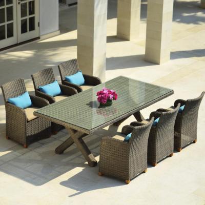 China Modern Rattan All Weather Furniture Outdoor 6 Seats Dining Table And Chair Set Garden Rattan Dining Set for sale