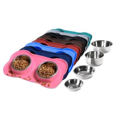 China Non-Automatic Dog Rolls 2 Stainless Steel Dog Bowl Without Puddle Mat + Silicone Non-Slip Pet Food Scoop Feeder Water And Food Bowls for sale