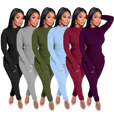 China Anti-pilling custom logo 2021 drop clothing solid color casual long sleeve two-piece pants set for women for sale