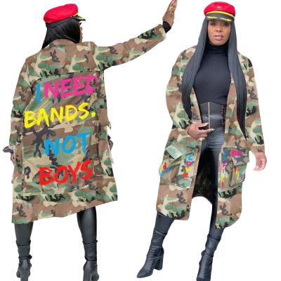 China Wholesale Good Quality Wind Breaker Women Fashion Camouflage Casual Patch Long Military Coat Breathable Custom Printing Print Windbreaker for sale