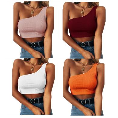 China 2021 New Spring Breathable Fashion Summer Casual Women's Clothing Crop Belly W One Shoulder Side Drawstring Tie Top for sale