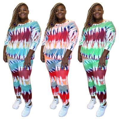 China Viable new design 2021 fall fashion women outfits printed plus size two piece sets round neck fashion dye tie pants sweatpants woman for sale