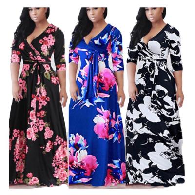 China Autumn 2021 Breathable Cheap Plus Size Deep V-Neck Maxi Split Floral Print Maxi Dress With 5XL Long Sleeve Casual Dress Women Dress for sale