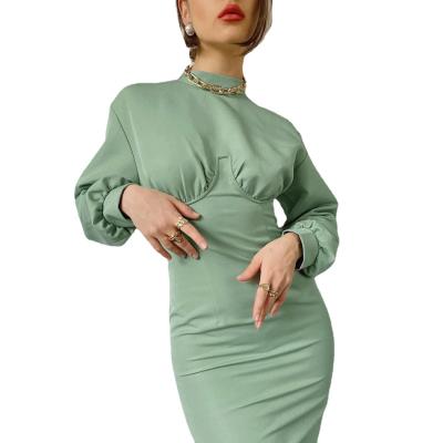 China European and American autumn and winter new women's anti-static dress thin knitted green long-sleeved 2021 hip for sale