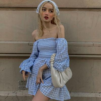 China Y2K Breathable Plaid Printed Mini Dress Off Shoulder Draped Dress Puff Sleeve Ladies Wear Latest Fashion Dress for sale