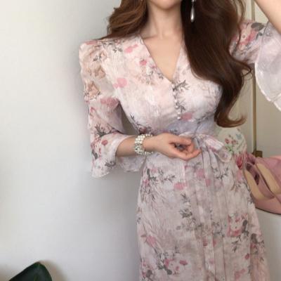 China Anti-Static Border Elegant Strapping Waistline Flared Long Sleeve Dress Women's 2022 Summer New for sale