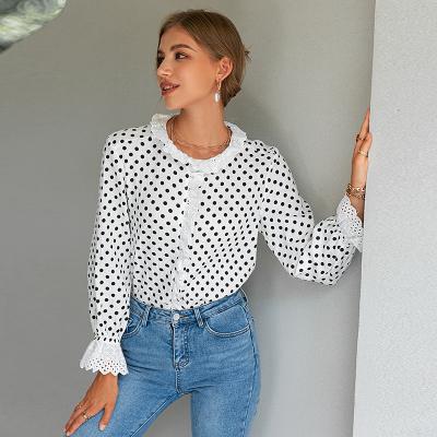 China Breathable white round sleeve sweater long sleeve single breasted polka dot beautiful cotton ladies casual shirt 2022 spring new for sale