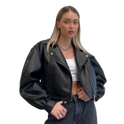 China European and American reversible PU puff zipper casual jacket 2021 new leather short sleeve black collar jacket for sale