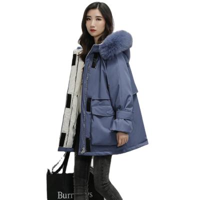 China Solid color fur collar cotton coat workable Korean mid length loose thick jacket big 2021 winters new style for sale