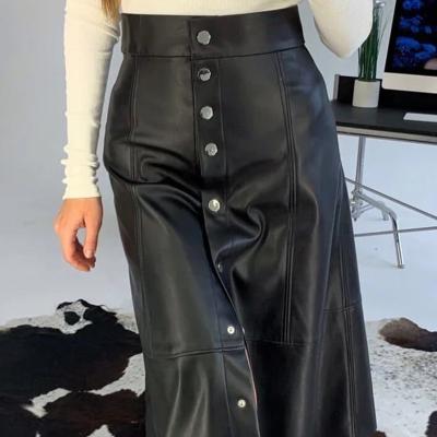 China High waist European and American breathable solid color elegant button split leather skirt 2021 fashion ladies autumn new for sale