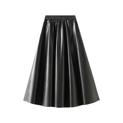 China 2021 breathable autumn and winter new solid color PU leather skirt pocket waist line a long high skirt for sale