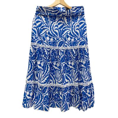 China Autumn 2021 new waist anti-static elegant blue floral Bohemian lace slim pleated skirt for sale