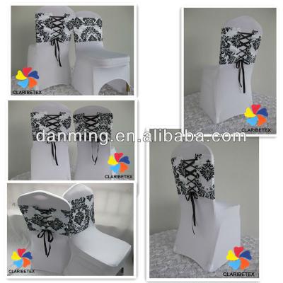 China Disposable White And Black Flocking Taffeta Chair Cover Sash Elegance Damask Corset Chair Sash for sale