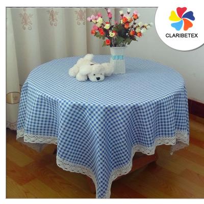 China Decoration High Quality Yarn Dyed Blue Tartan Square Pattern 100% Polyester Table Cloth Covered With Lace Round for sale