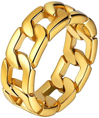 China CLASSIC Cuban Chain Band Ring 7mm Width Size O To Size Y Gold / Black Plated Stainless Steel Hip Hop Jewelry Restriction Link Trendy Ring for sale