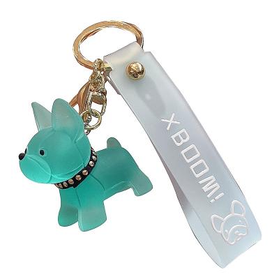 China Wholesale Key Ring Creative Dog Cartoon Puppy Key Chain Bag Car Ornament Transparent Crystal French Fight Cute Pendant New Fashionable for sale