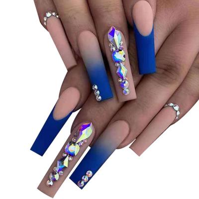 China 2022 New Charming Dark Blue Frosted French Ballet Manicure Diamond Coffin Nails False Wearing Female for sale