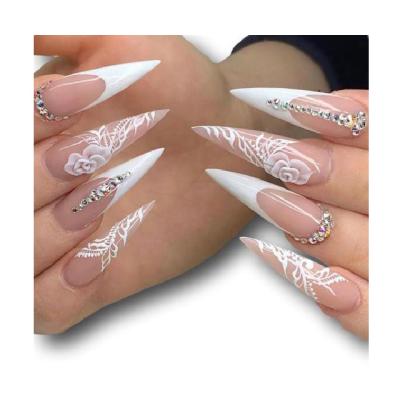 China Pink Diamond Nails Ballet Coffin White Ultrathin Removable Manicure New Design Stunning Long Pointed French Nails False Wear Wear for sale