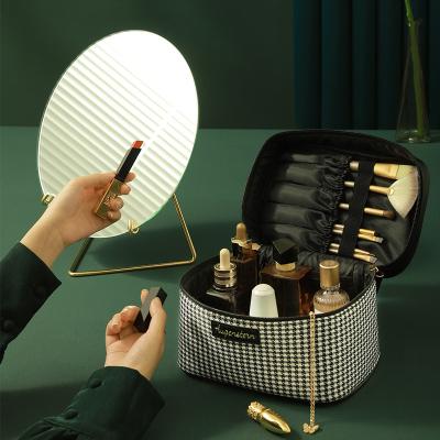 China Fashion New PU Houndstooth Makeup Bag Portable Square Makeup Bag Portable Makeup Box Large Capacity Storage Bag for sale