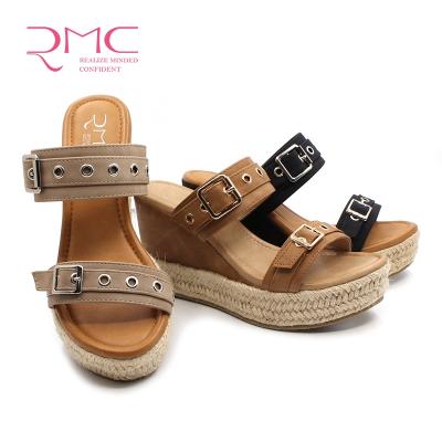 China 2020 RMC Hot Selling Fashionable Ladies Slippers Round Wedges Women Hemp To Face Shoes for sale