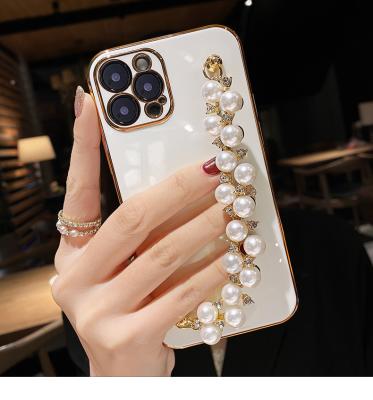 China Luxury Pearl Strap Anti-fall Shockproofl Diamond Electroplating Soft Covers For Oppo A94 RENO5 6 A53 A31 A5SA15 A7X Phone Case Girl for sale