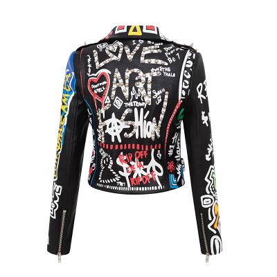 China 2021 Fashion Women Faux PU Motorcycle Graffiti Print Breathable Leather Punk Style Cropped Leather Jacket for sale