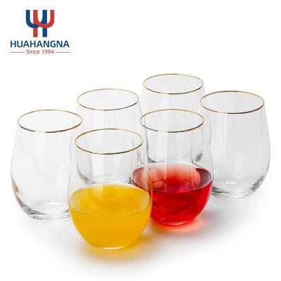 China New Wholesale 18oz BPA Free Classic/Postmodern Clear Gold Rim Stemless Wine Glass For Red Wine Water Cocktails Whiskey Drink for sale