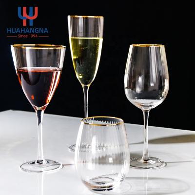 China Retro Stylish Nordic Striped Lead Free Clear Tumbler Stemmed Wine Glass Cup With Gold Rim For Restaurant Hotel for sale