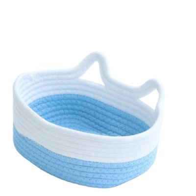 China Eco-Friendly Cotton Woven Rope ICEBLUE HD Cute Little Cat Basket - Blue for sale