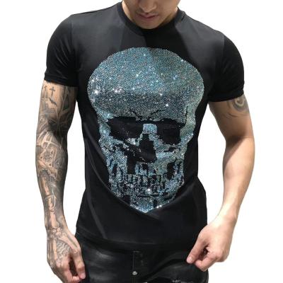 China Top Quality 100% Rose Stone Soft Cotton Skull Anti-Wrinkle Shape Rhinestone Men's T-shirt Custom Black Color for sale