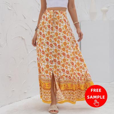 China Free Sample 2021 Women's Clothing Anti-Static Casual Squishy Floral Print Single Button Lace Up Split Up Maxi Skirt For Woman for sale