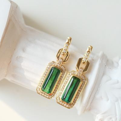 China 2.2Ct Brazillian Tourmaline Diamond Halo And 14K Yellow Gold Dangle Earrings FASHION Green Gemstone Earring for sale