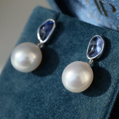 China Sapphire Earrings White Baroque Pearl Romantic Blue Stone Earrings for sale