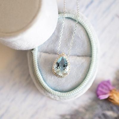 China Charm Necklace Chain Green Blue Gemstone And Diamonds Pendant Pear Cut 14K White Gold Chain for sale