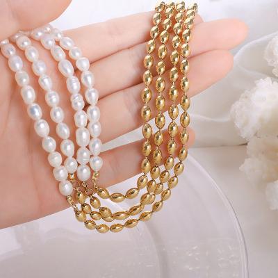 China Aretas Lead Free Classic Pearl Necklace 18k Natural Freshwater Gold Plated Stainless Steel PVD Rice Pearl Chain Choker Necklaces for sale