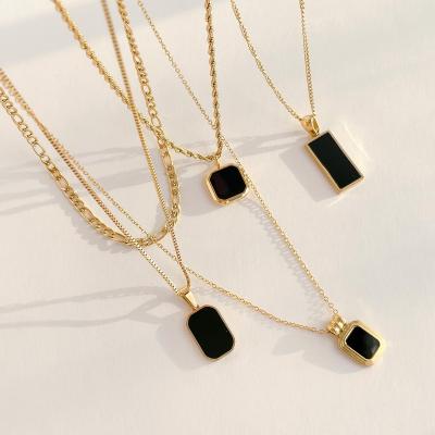 China Aretas Lead Free Nickel Free Trendy Jewelry Set Layered Black Square Necklace Stainless Steel Onyx Shell Pendant 18k Gold Plated Necklaces Sets for sale