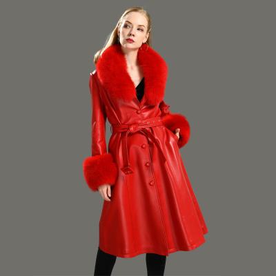 China Fashion Breathable Hot Sale Women Genuine Leather Jacket With Belt Design Real Fox Fur Collar Long Style Genuine Leather Ditch Coat for sale