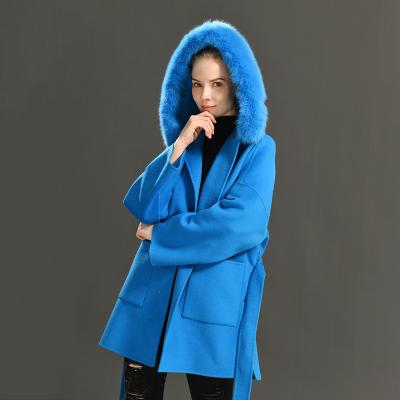 China New Design Loose Size QUICK DRY Winter Real Fox Fur Collar Female Slap Cashmere Coats Wholesale Women Hooded Plus Wool Coat for sale