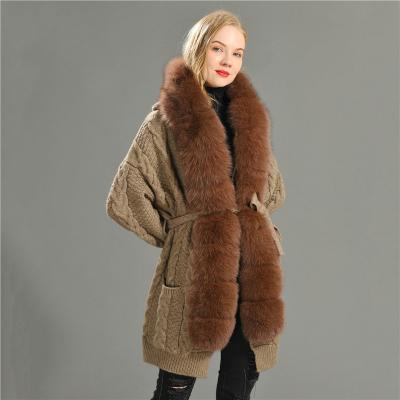 China Fashion QUICK DRY Big Size Real Fox Fur Fluffy Trim With Belt Oversized Long Cable Knit Cardigan Sweater for sale