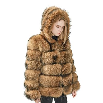 China Good Quality Breathable Raccoon Dog Fur Customized Genuine Jacket Coat Wholesale Luxury Raccoon Fur Winter Women Hooded Coat for sale