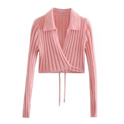 China Anti-wrinkle pink cross bow knitted sweater new solid female matching sweater casual fashion hand knit sweater women sweater for sale