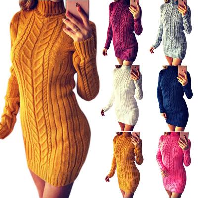 China Anti-Wrinkle Autumn Winter 2021 Women Clothes Ladies High Quality Cotton Knitted High-neck Slim Plain Long Sleeve Sweater Dress for sale