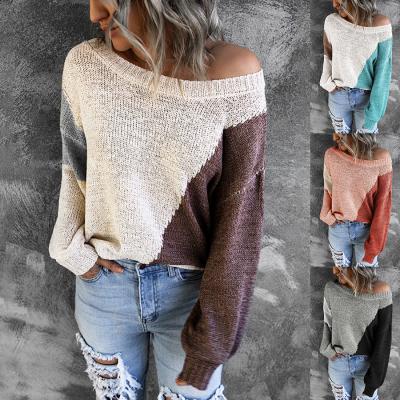 China Anti-pilling Manufacturer Ladies Fashion China 2021 Winter Autumn Color Blocked Off Shoulder Loose Knitted Sweater Sweater Tops for sale