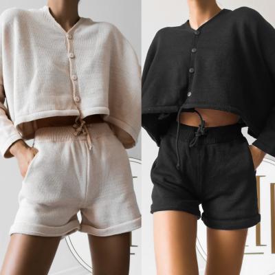 China Anti-pilling Autumn Stylish Knit Crop Top 2021 With Button Crewneck Pullover Sweater Loose Shorts 2 Piece Set For Women for sale