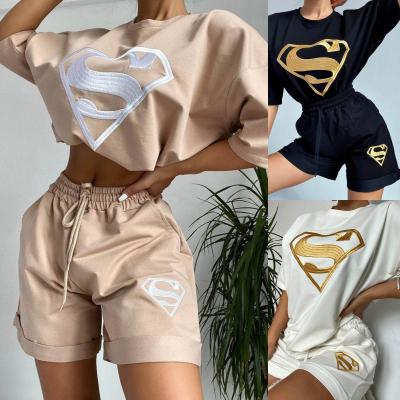 China Brand Fashion Loose Breathable Women Designer Graphic T-shirt Two Piece Set Top Tracksuit 2 Piece Short Set for sale