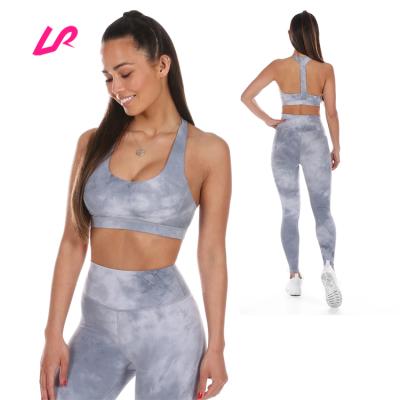 China Breathable Fashionable Sports Bra Dye Tie Polyester/Spandex Sports Bra And Padded High Print Leggings Set for sale