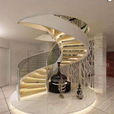 China Space Saving Staircase Designs Stainless Steel Commercial Indoor Solid Wood Curved Stairs for sale