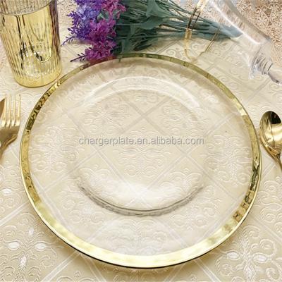 China Sustainable Glass Charger Dish with Metallic Rim Gold /Silver/Purple/Green Events Wedding Christmas for sale