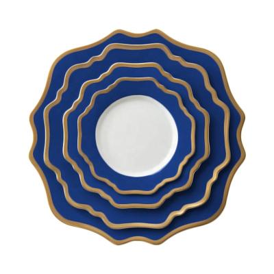 China Wholesale Rental Luxury Blue Wedding Party With Gold Rim Porcelain Dinnerware Set for sale